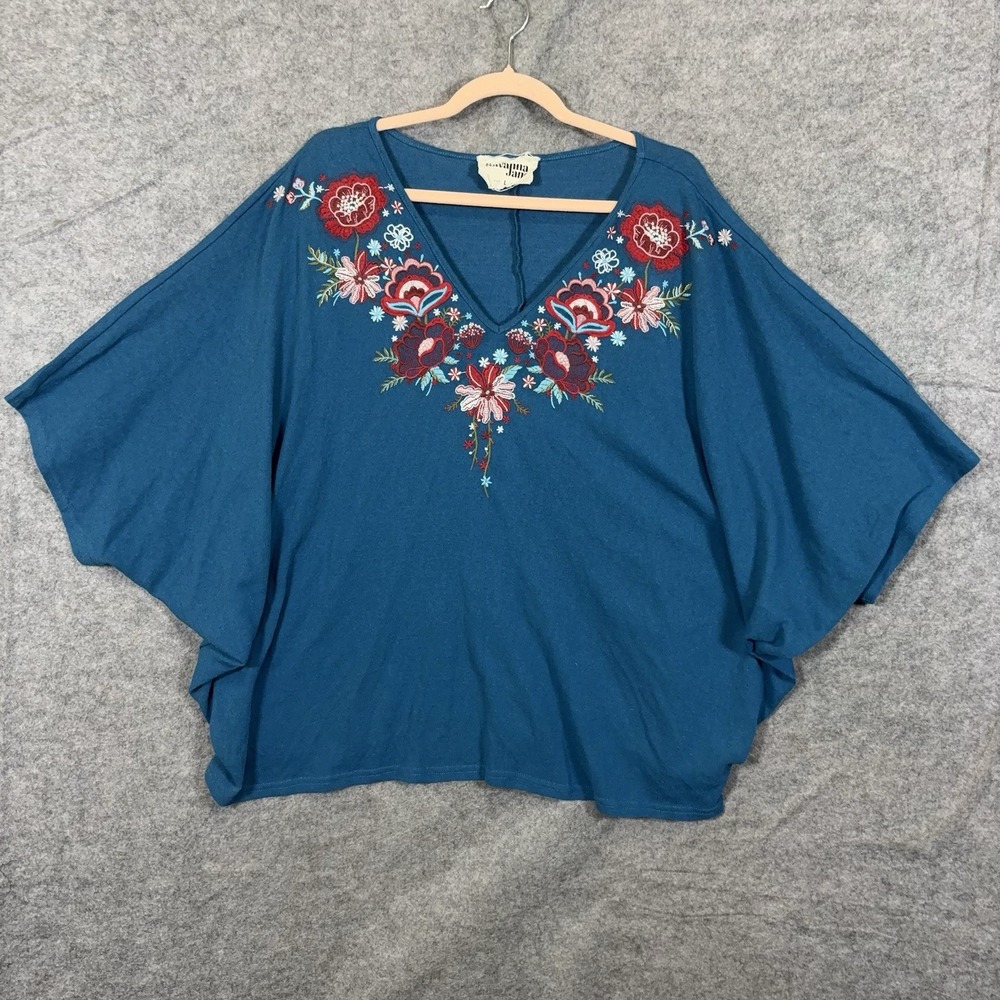 Savanna Jane Sweater Womens Sz L Blue Embroidered Floral Dolman Sleeve Boho